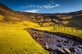 A waterfall flowing down a steep mountain slope on Streymoy Island, Tjornuvik, Faroe Islands