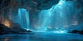 A waterfall flowing into a pool inside a cave with blue lighting and rock formations visible Royalty Free Stock Photo