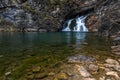 A waterfall is flowing into a small pool of water Royalty Free Stock Photo