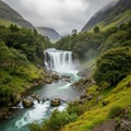 Waterfall flows into a clear, boulder-strewn river, surrounded by dense foli Royalty Free Stock Photo