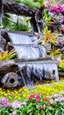 Waterfall flows in cozy home flower garden Royalty Free Stock Photo