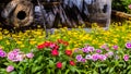 Waterfall flows in cozy home flower garden Royalty Free Stock Photo