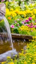 Waterfall flows in cozy home flower garden Royalty Free Stock Photo