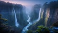 Majestic Twin Waterfalls Cascading Down Misty Cliffs at Dawn Royalty Free Stock Photo