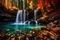 A waterfall that flows from a hidden cave into a crystal clear pool, fantasy landscape