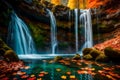 A waterfall that flows from a hidden cave into a crystal clear pool, fantasy landscape