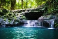 a waterfall flows into a serene hot spring pool