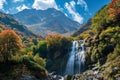A waterfall flows from the top of an isolated mountain. Royalty Free Stock Photo