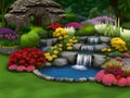 Waterfall flows and vivid flowers pot decoration in cozy home flower garden on summer Royalty Free Stock Photo