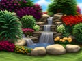 Waterfall flows and vivid flowers pot decoration in cozy home flower garden on summer Royalty Free Stock Photo