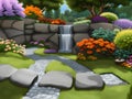 Waterfall flows and vivid flowers pot decoration in cozy home flower garden on summer