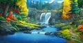 The Waterfall Forest. Fiction Backdrop. Concept Art. Realistic Illustration