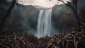 waterfall in the forest Horror waterfall of tears, with a landscape of thorns and graves,