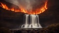 waterfall in the forest Horror waterfall of fire, with a landscape of burning trees and lava,