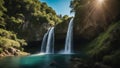 waterfall in the forest a majestic waterfall cascading over rocky cliffs surrounded by lush greenery and a clear blue sky Royalty Free Stock Photo