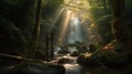 Waterfall in the forest, old road, the idea of meditation in the forest