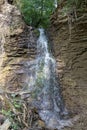 Waterfall in the forest at summer day. Fallen stones, tree brenches and old roots