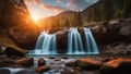 waterfall in the forest waterfalls nature landscape in mountains sunset motion blur effect with green trees and orange