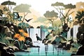 Waterfall garden of Art Deco ArchitectureWildlife Silhouette Cutouts. AI Generated