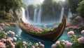 waterfall in the garden A fantasy long boat on the rocks at a river of flowers, with waterfalls, butterflies, and fairies.