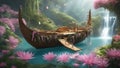 waterfall in the garden A fantasy reed boat on a floating island in a forest of flowers, with waterfalls, butterflies,