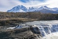 Waterfall and granite towers at Torres del Paine national park of Chile