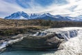 Waterfall and granite towers at Torres del Paine national park of Chile Royalty Free Stock Photo