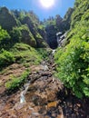 Waterfall in green forest in summer and mountain river. Vertical photo. Arkhyz, Karachay-Cherkessia, mountains of the North Royalty Free Stock Photo