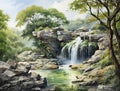 waterfall and green view, Generative AI