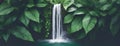 Waterfall hidden in green tropical rain forest jungle. Green leaves background. Panorama with copy space. Royalty Free Stock Photo