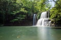 The waterfall in the hill behind a pond in jungle