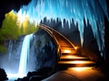waterfall in the ice cave. night scene. 3d render , AI Generated