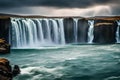 Waterfall images portraying Godafoss in different weather conditions. Focus on perfect lighting, no noise, and ultra-realistic