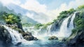 Waterfall Of India Anime-inspired Watercolor Painting By Bayard Wu
