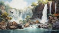 Waterfall Of India: Realistic Anime-inspired Watercolor Painting