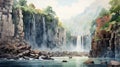 Waterfall Of India: A Stunning Watercolor Illustration Inspired By James Gilleard And Kuang Hong