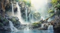 Waterfall Of India: A Tranquil Watercolor Illustration