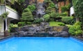 Waterfall in interior patio garden, river flows in swimming pool, lush vegetation in Yogyakarta, Java, Indonesia