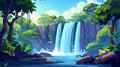 Waterfall in jungle with green trees, bushes and liana vines on shore. Cartoon modern rainforest scene with river water Royalty Free Stock Photo