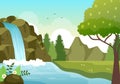 Waterfall Jungle Landscape of Tropical Natural Scenery with Cascade of Rocks, River Streams or Rocky Cliff in Flat Illustration