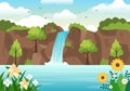 Waterfall Jungle Landscape of Tropical Natural Scenery with Cascade of Rocks, River Streams or Rocky Cliff in Flat Illustration Royalty Free Stock Photo