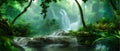 Waterfall Jungle Landscape Vector illustration. Tropical natural scenery