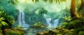 Waterfall Jungle Landscape Vector illustration. Tropical natural scenery