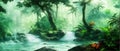 Waterfall Jungle Landscape Vector illustration. Tropical natural scenery