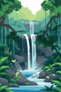 Waterfall in the jungle. Peaceful landscape in the forest. Vector art of tropical outdoor stream Royalty Free Stock Photo