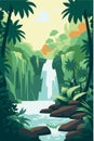 Waterfall in the jungle. Peaceful landscape in the forest. Vector art of tropical outdoor stream Royalty Free Stock Photo