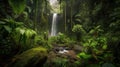 Waterfall in the jungle rainforest. River amongst palm trees and plants. Tropical landscape.