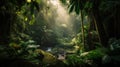 Waterfall in the jungle rainforest. River amongst palm trees and plants. Tropical landscape.