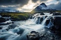 The waterfall in Kirkjufell glacier, Iceland, Europe, Iceland beautiful landscape photography, beautiful girl in swimsuit in the