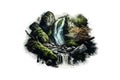 Waterfall landscape with rocks covered in green moss. Vector illustration desing